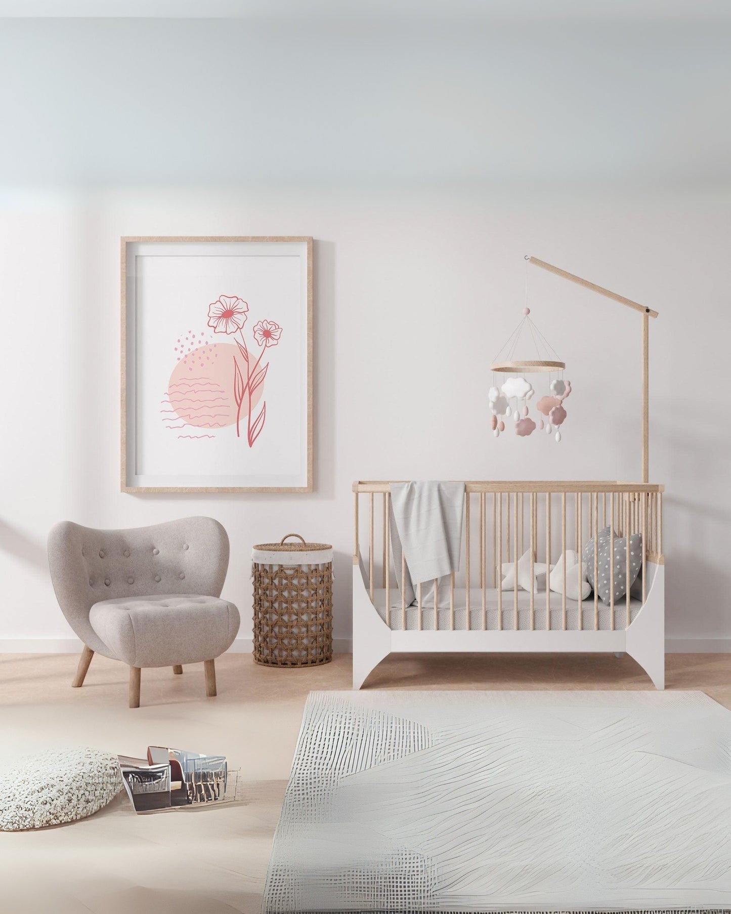 Poster “Fiori in Quadro” con illustrazione minimal di fiori rosa e forme astratte, appeso a parete in una cameretta moderna con culla e arredi nordici.