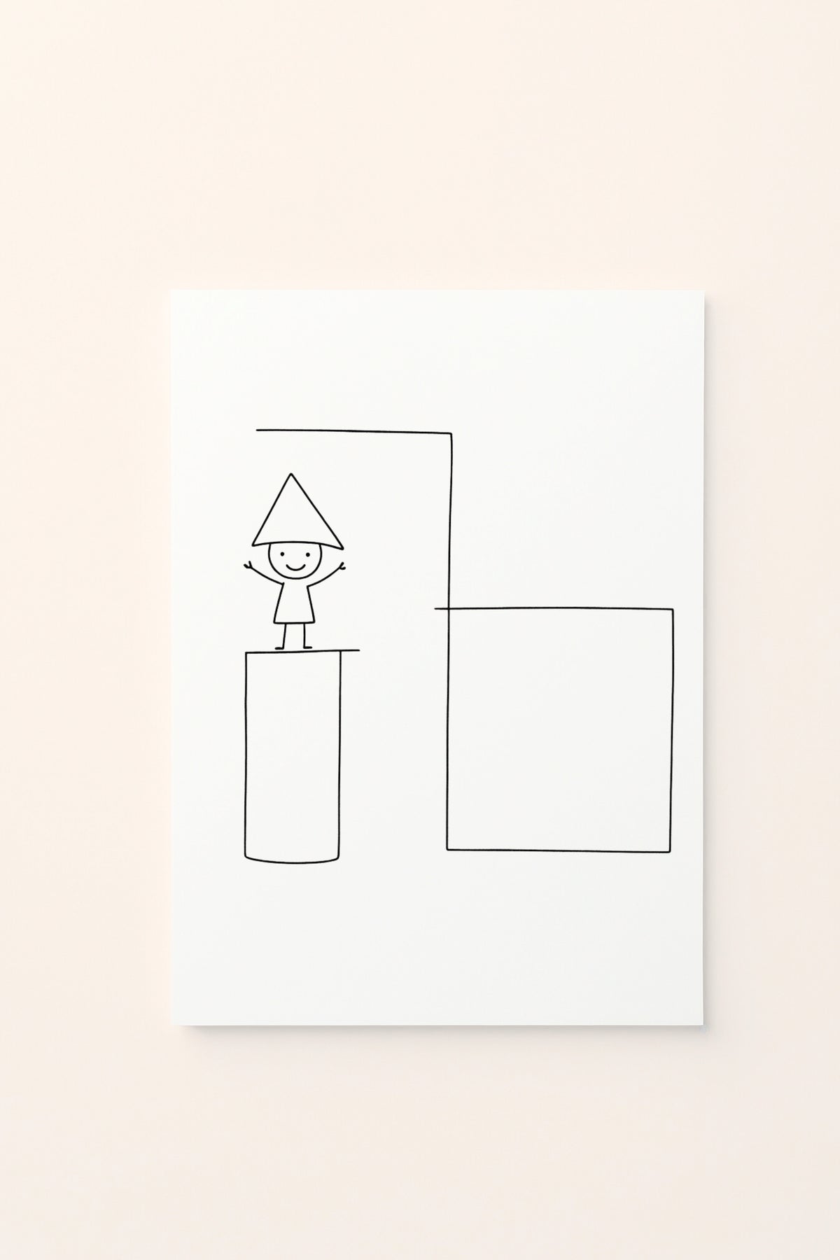 Poster educativo per bambini in bianco e nero da colorare con bambino e forme geometriche, su delicato sfondo rosato.