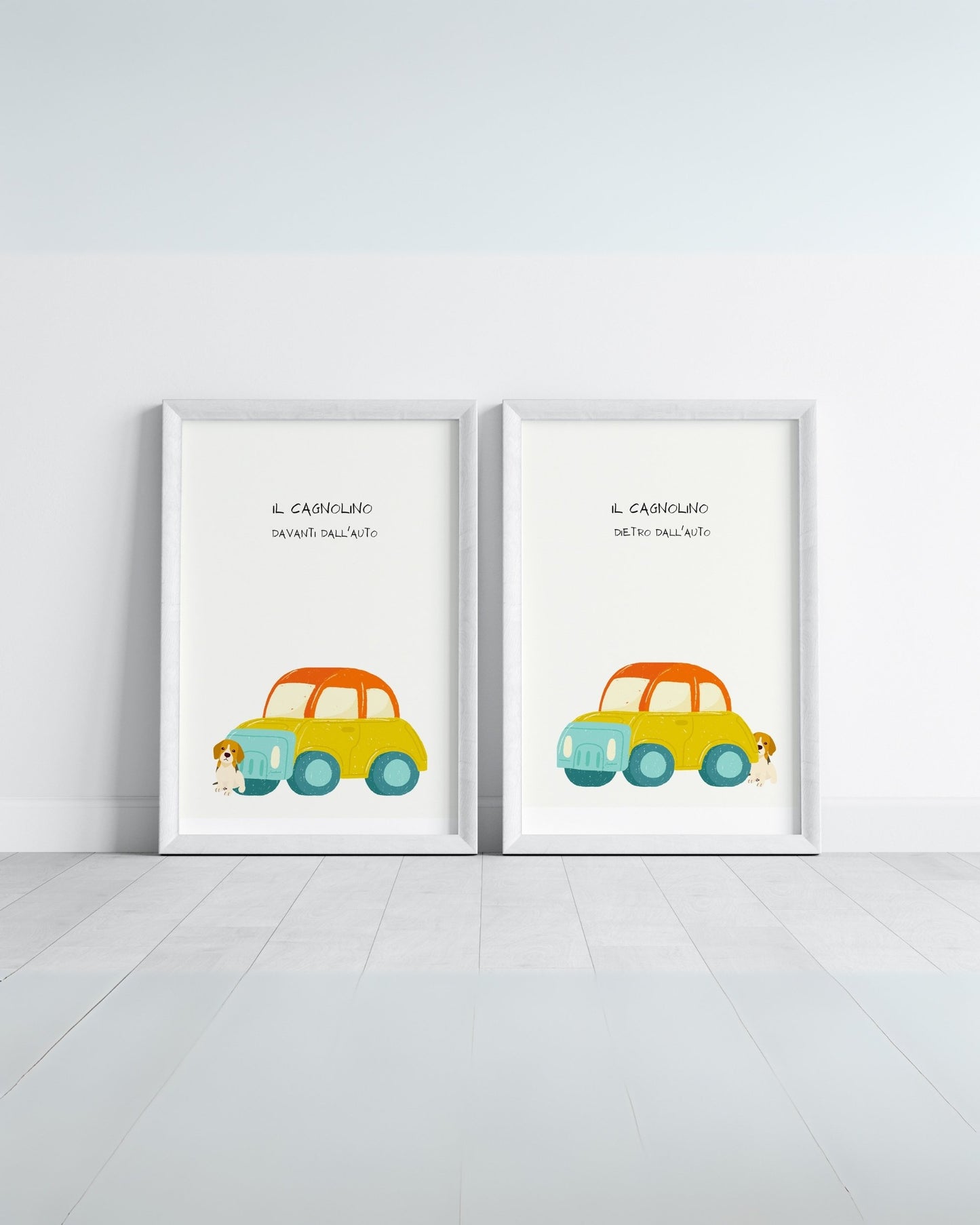Poster per bambini con cagnolino davanti e dietro l’auto – stampa digitale educativa con illustrazione colorata.