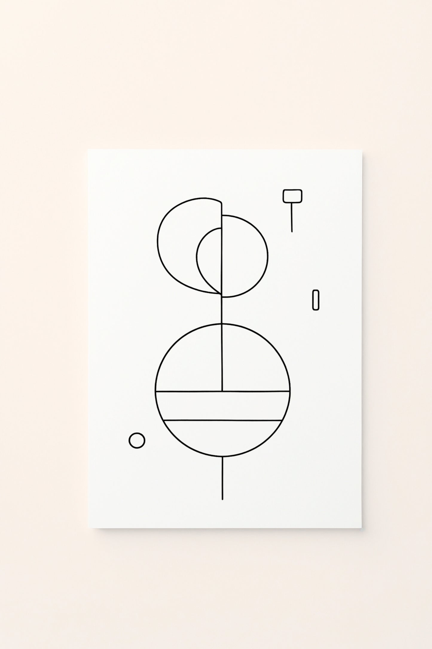 Poster educativo per bambini in bianco e nero da colorare con composizione di cerchi di diverse dimensioni, su delicato sfondo rosato.