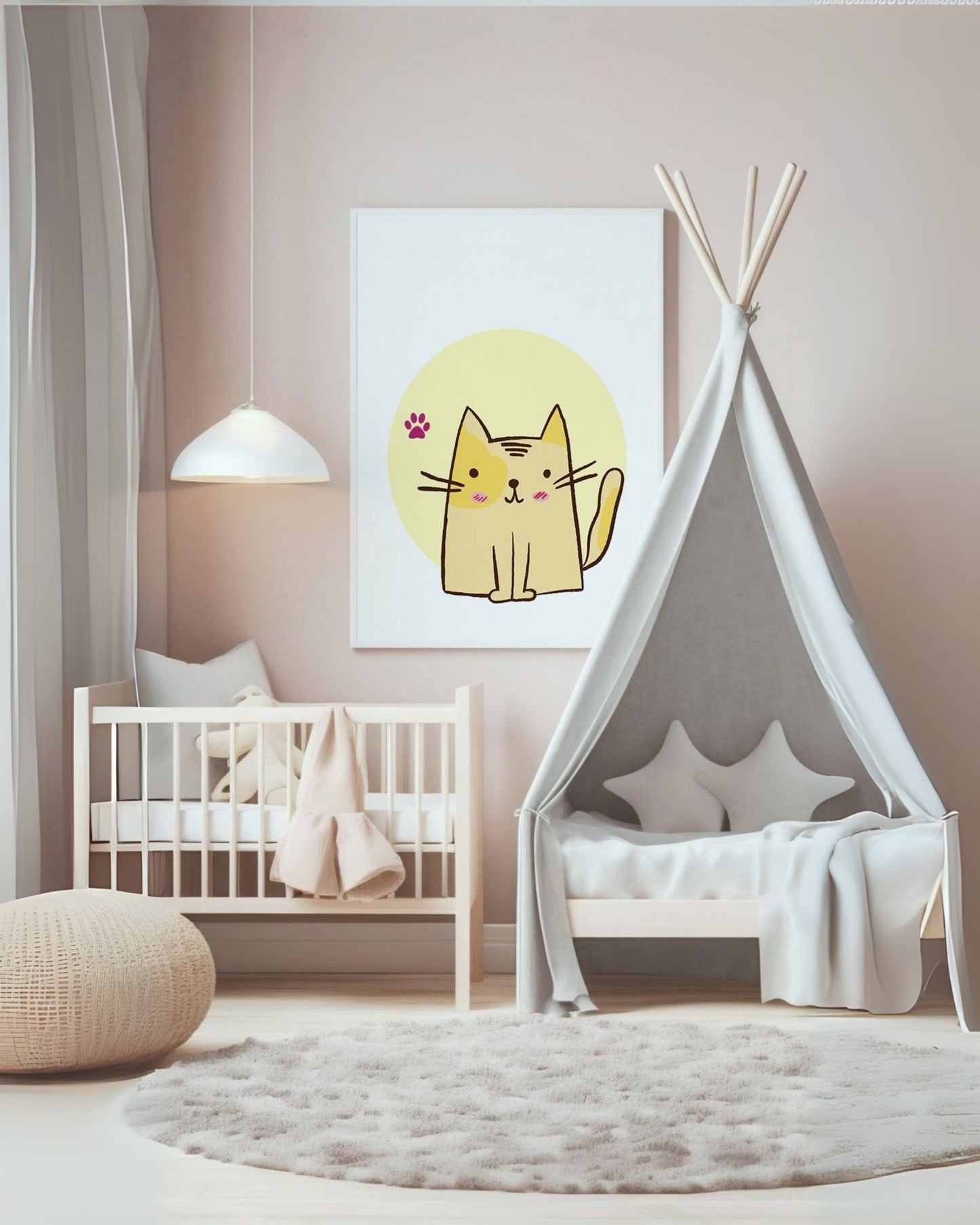 Poster con gattino stilizzato e zampina rosa appeso alla parete di una cameretta moderna con culla bianca, tenda tipì grigia e arredamento accogliente.