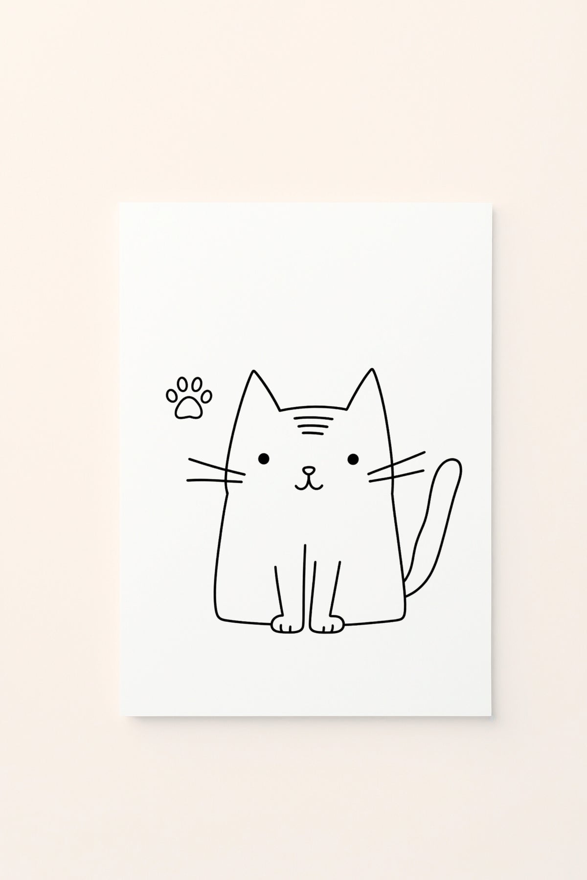 Poster educativo per bambini in bianco e nero da colorare con gatto rosa all'interno di un cerchio, su delicato sfondo rosato.