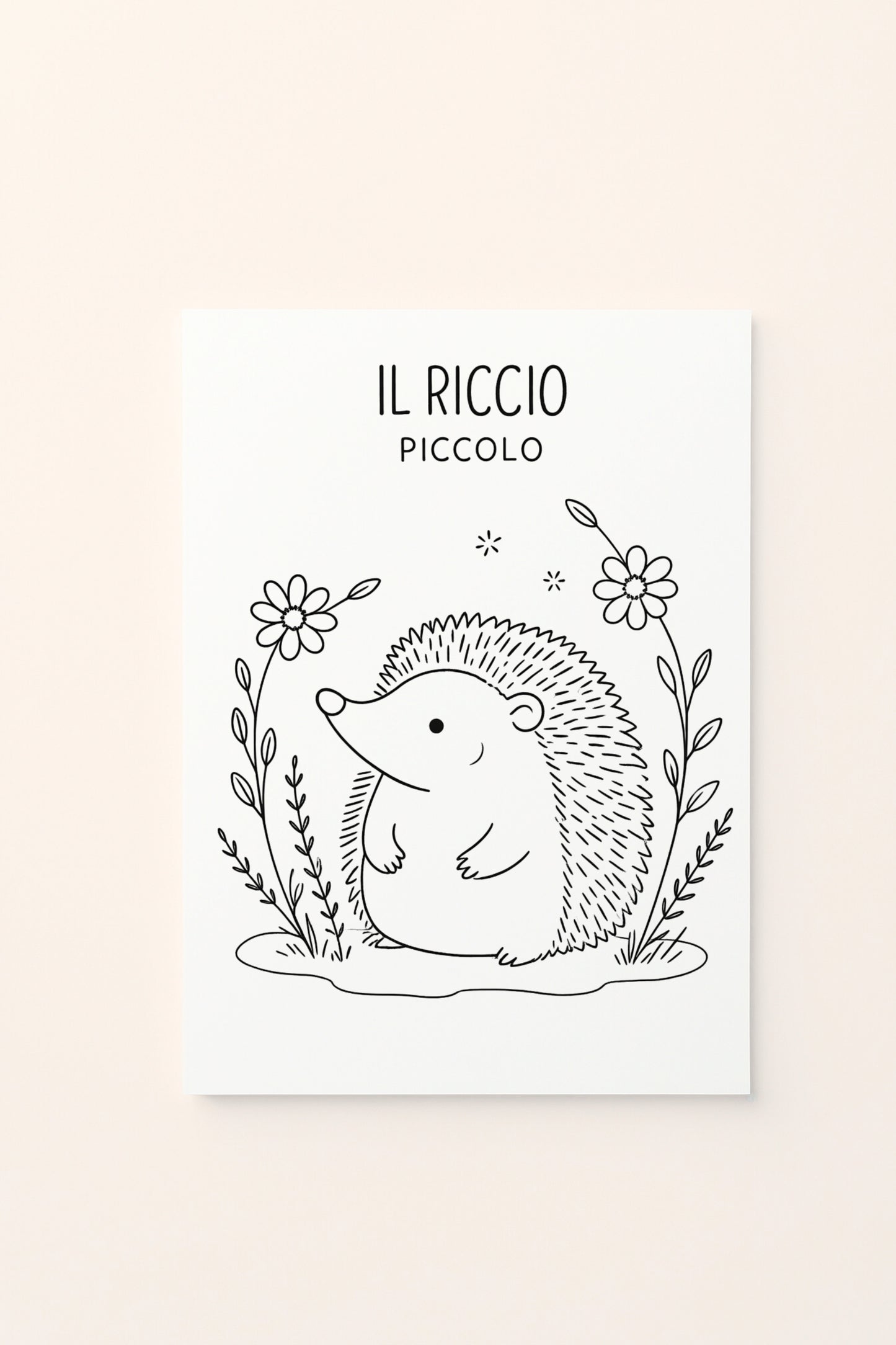 Poster per bambini con riccio piccolo , da colorare , ambientato su sfondo rosato per cameretta.