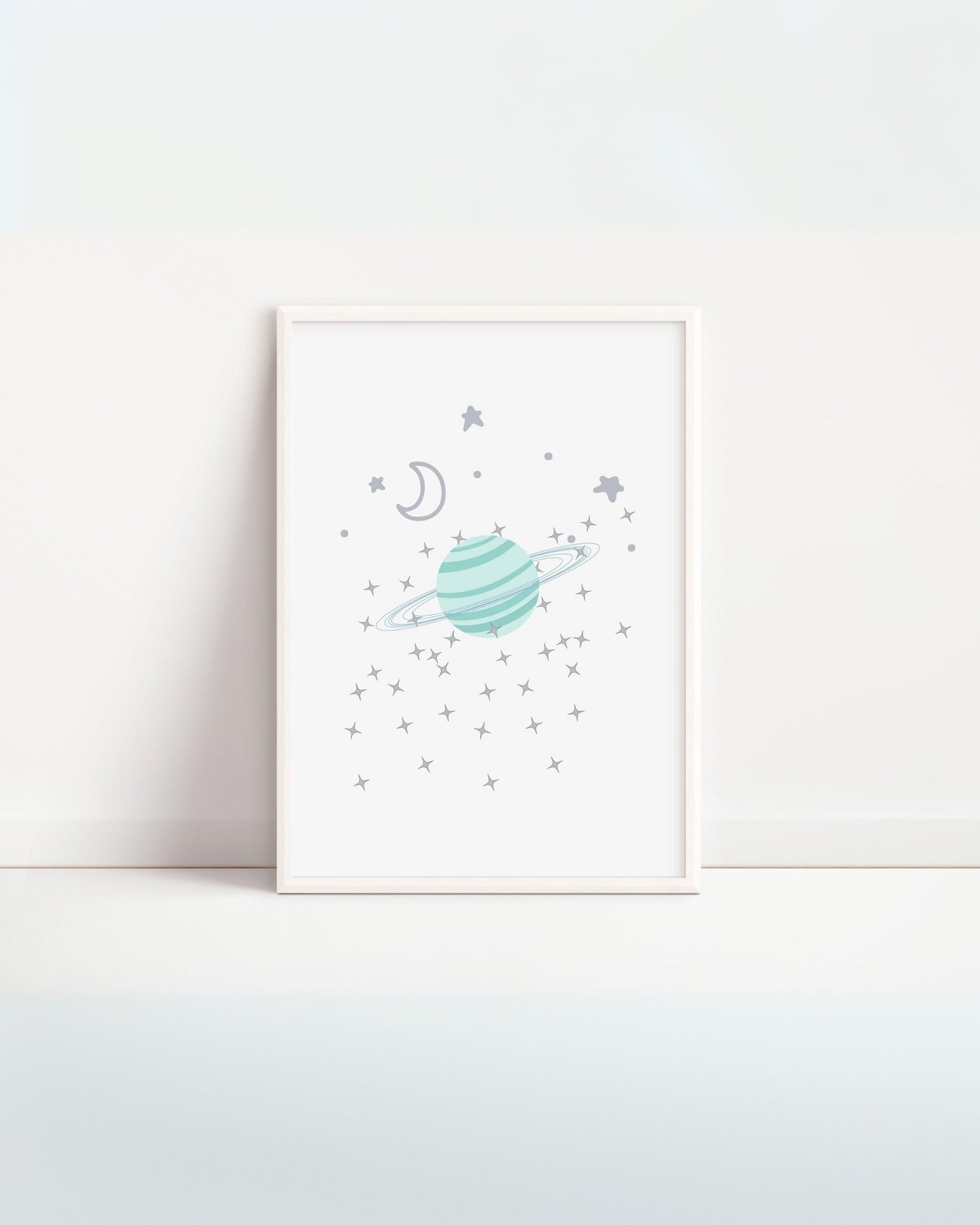"Poster per bambini da stampare – pianeta con anello e luna, illustrazione digitale con stelle"