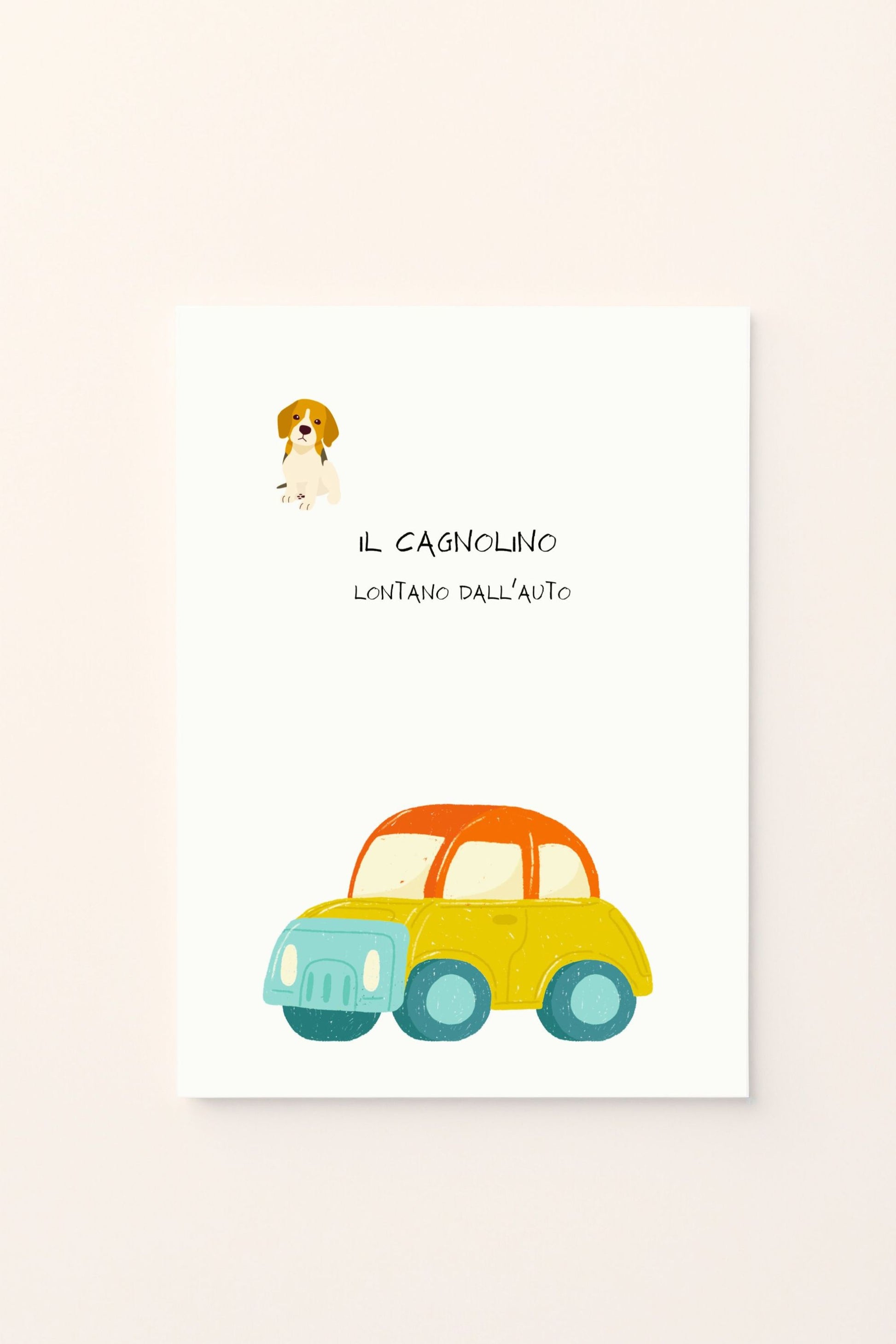 Poster educativo con due cagnolini, uno vicino e uno lontano — su sfondo rosato — ideale per decorare la cameretta e insegnare ai bambini i concetti di distanza in modo semplice e visivo.