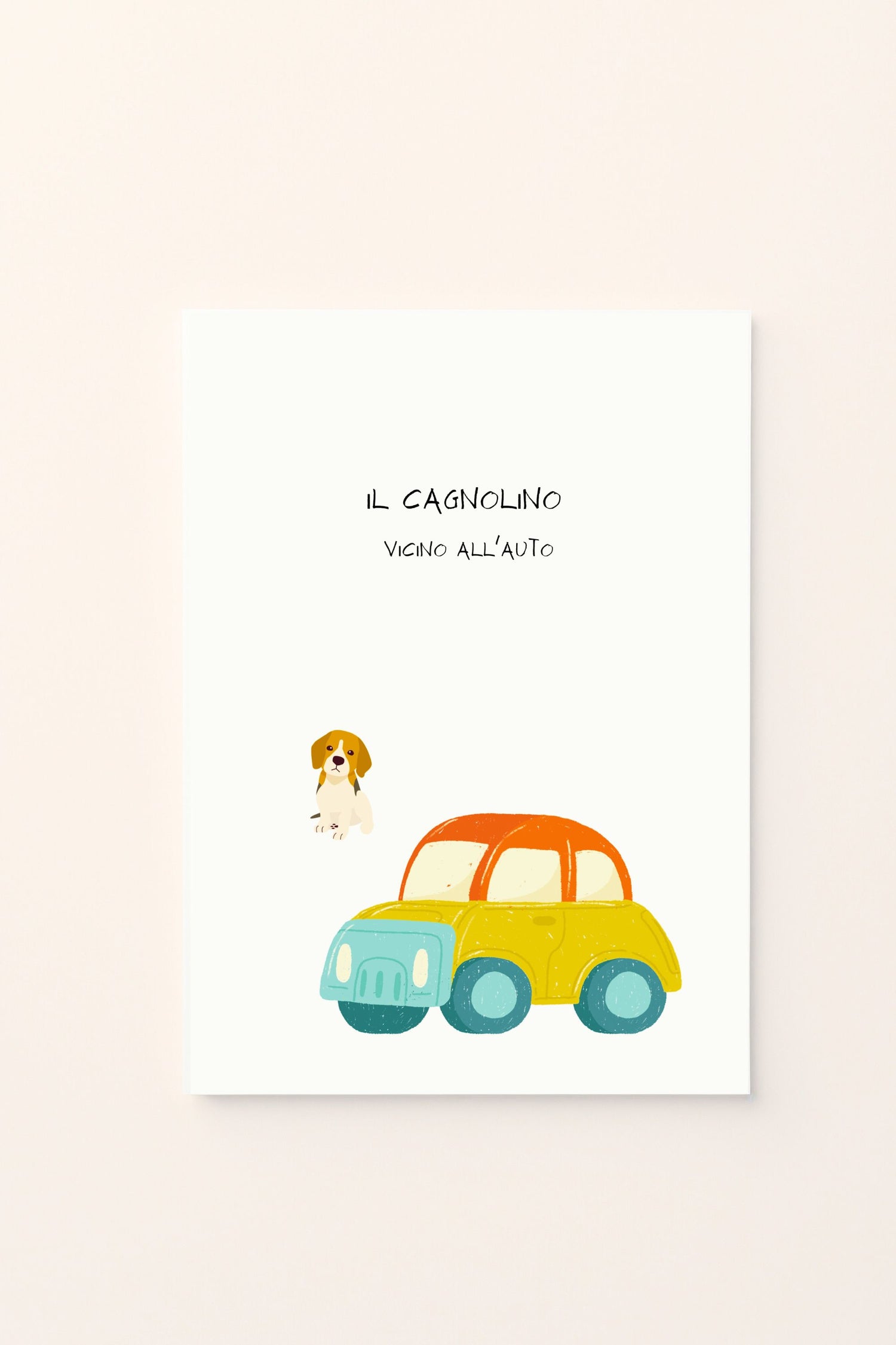 Poster educativo con due cagnolini, uno vicino e uno lontano — su sfondo rosato — ideale per decorare la cameretta e insegnare ai bambini i concetti di distanza in modo semplice e visivo.