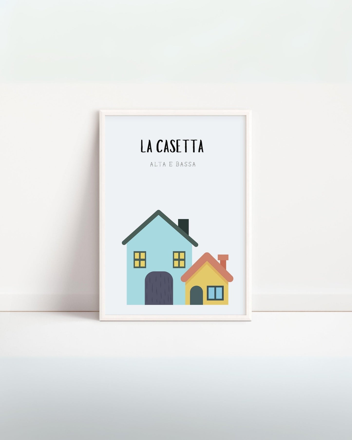Poster educativo per bambini con casetta alta e casetta bassa, illustrazione geometrica colorata