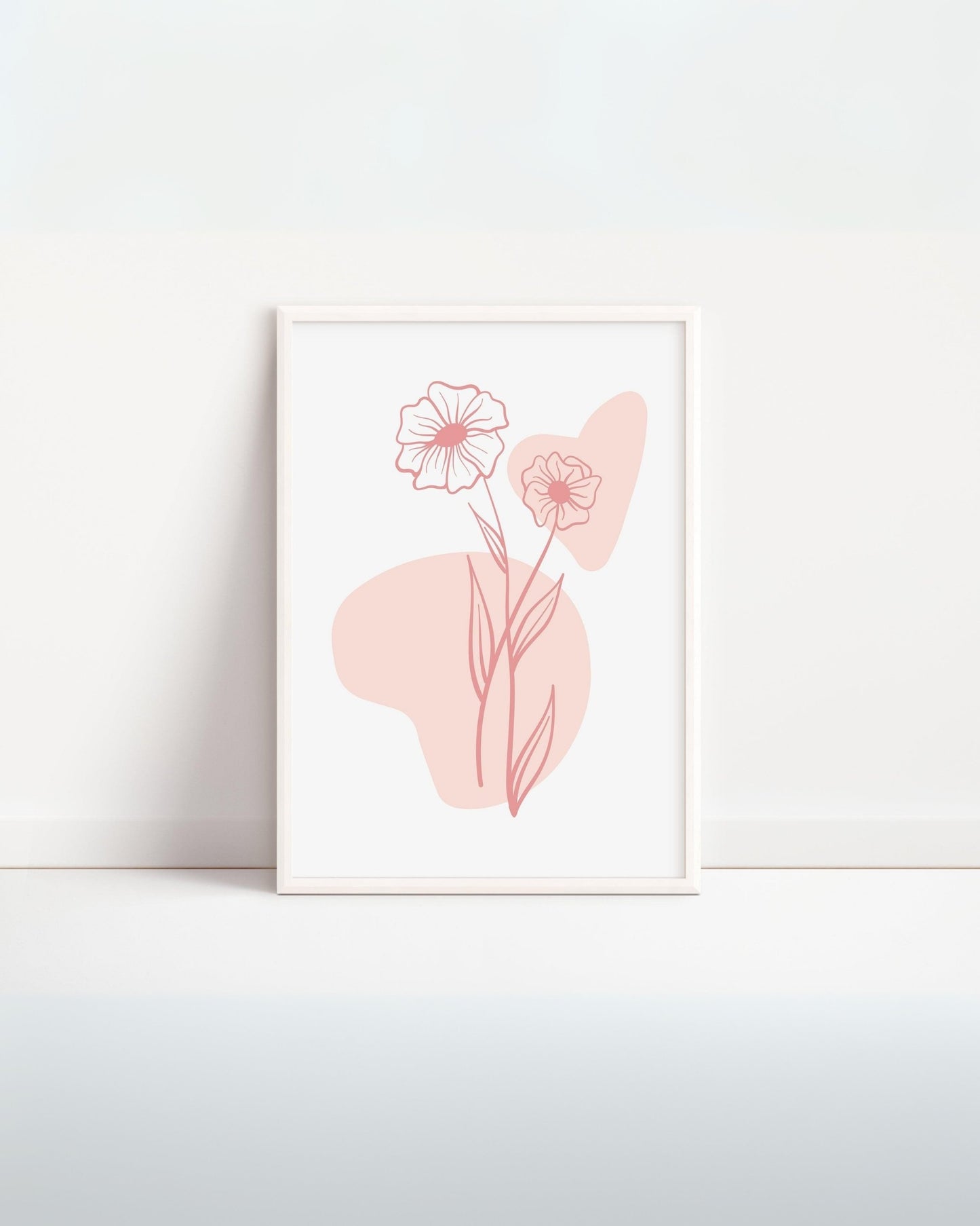 Poster digitale minimalista con due fiori stilizzati e cuore astratto rosa.