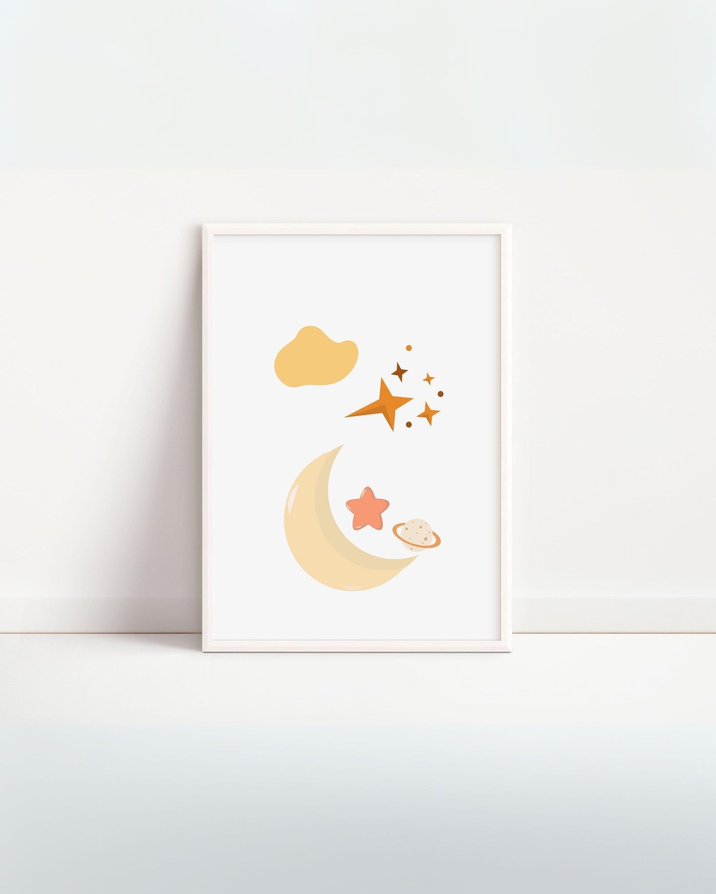 Poster decorativo per bambini con luna dorata, nuvole e stelle, stampa digitale minimalista