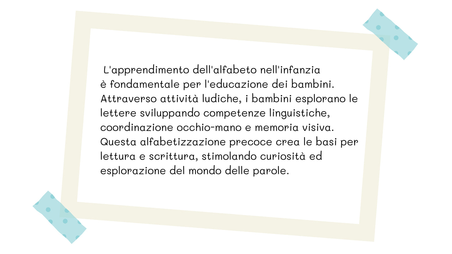 Scheda educativa sull'apprendimento dell'alfabeto nell'infanzia, con spiegazione dei benefici per lo sviluppo linguistico, la coordinazione occhio-mano e la memoria visiva.