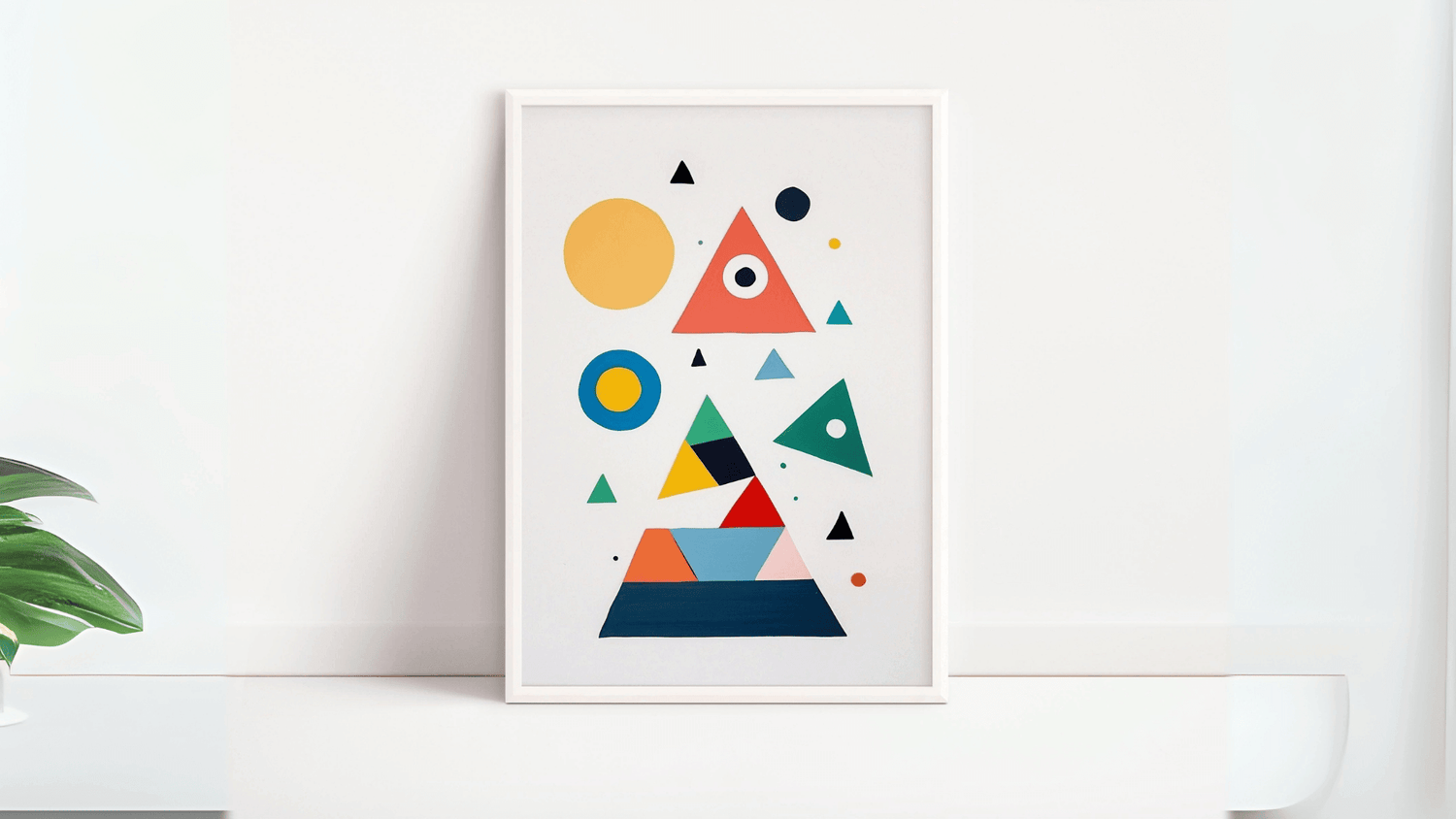 Poster minimalista con forme geometriche colorate, prevalenza di triangoli in vari colori, incorniciato e appoggiato su una mensola bianca.