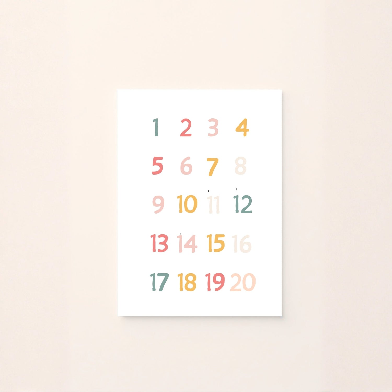 Poster educativo con i numeri da 1 a 20 in colori pastello per bambini.
