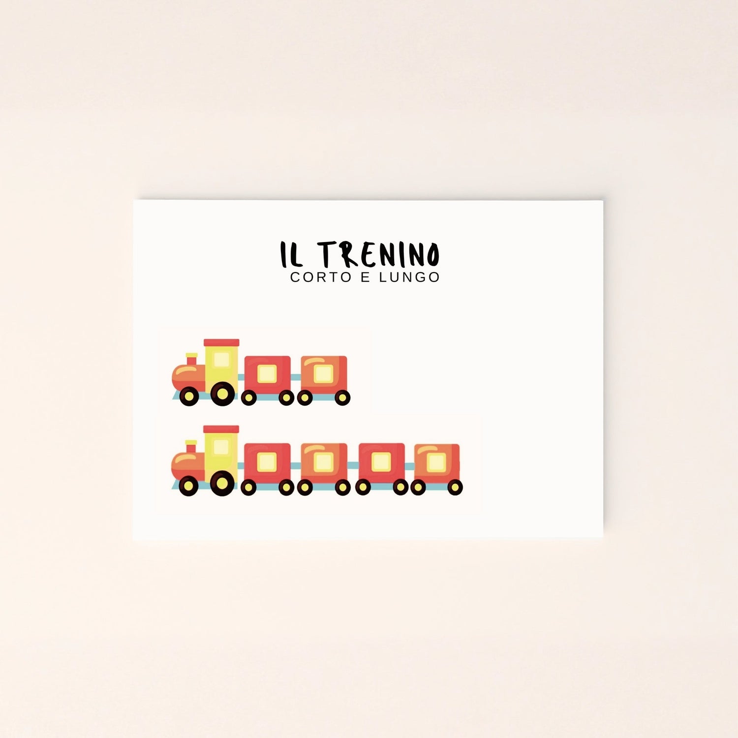Poster educativo con due trenini di lunghezze diverse per insegnare il concetto di corto e lungo.