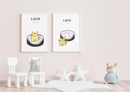 Set di Due Poster Stampabili  per bambini con Gatto Fuori e Dentro - PrintableChild