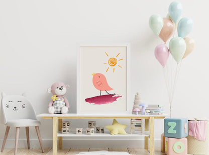 Poster per bambini da stampare con Uccellino Rosa e Sole - PrintableChild