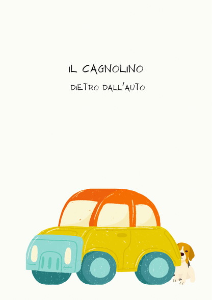 Poster per bambini da stampare con Cagnolino lontano e vicino l'auto - PrintableChild