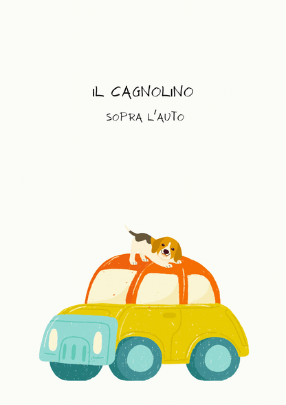 Poster per bambini da stampare con Cagnolino lontano e vicino l'auto - PrintableChild