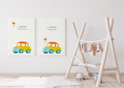 Poster per bambini da stampare con Cagnolino lontano e vicino l'auto - PrintableChild