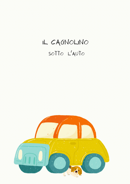 Poster per bambini da stampare con Cagnolino lontano e vicino l'auto - PrintableChild