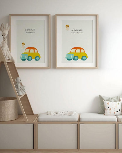 Poster per bambini da stampare con Cagnolino lontano e vicino l'auto - PrintableChild