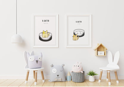 Set di Due Poster Stampabili  per bambini con Gatto Fuori e Dentro - PrintableChild