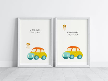 Poster per bambini da stampare con Cagnolino lontano e vicino l'auto - PrintableChild