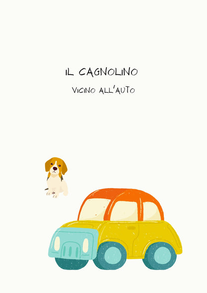 POSTER STAMPABILEPER BAMBINI CON CAGNOLINO VICINO ALL'AUTO