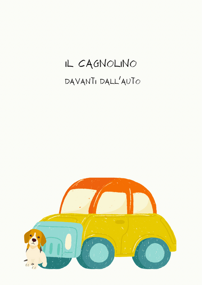 Poster per bambini da stampare con Cagnolino lontano e vicino l'auto - PrintableChild