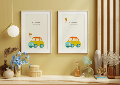 Poster per bambini da stampare con Cagnolino lontano e vicino l'auto - PrintableChild