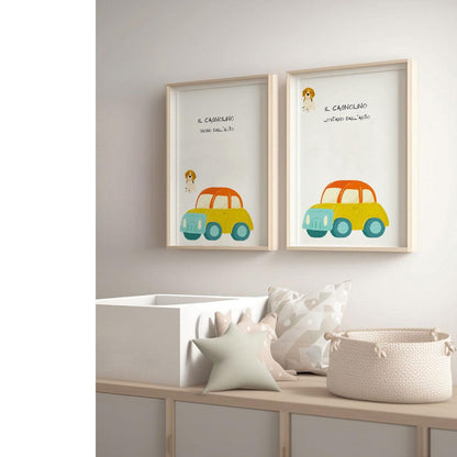 Poster per bambini da stampare con Cagnolino lontano e vicino l'auto - PrintableChild