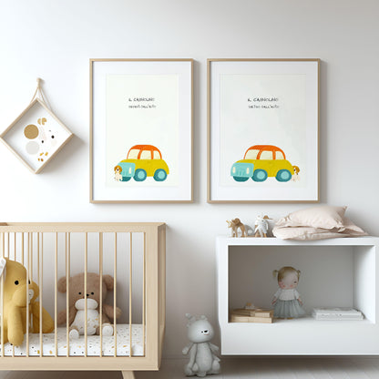 Poster per bambini da stampare con Cagnolino davanti e dietro l'auto - PrintableChild