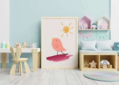 Poster per bambini da stampare con Uccellino Rosa e Sole - PrintableChild