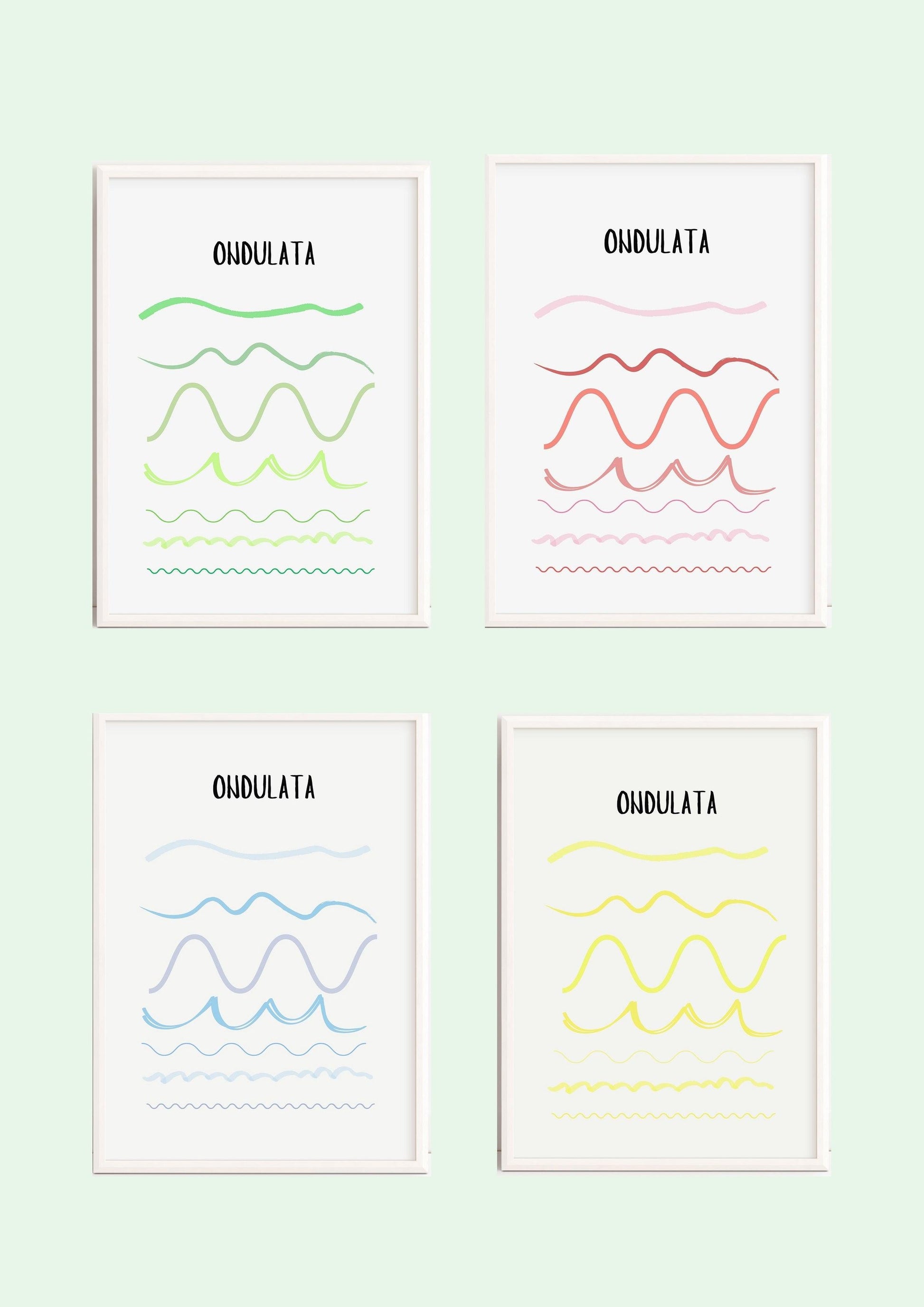 POSTER STAMPABILI PER BAMBINI CON LINEA ONDULATA VERDE, ROSSA, BLU E GIALLA