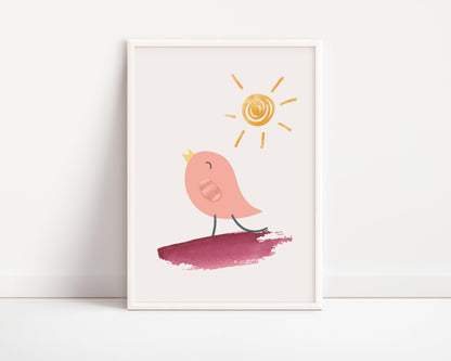 POSTER STAMPABILE PER BAMBINI CON UCCELLINO ROSA E SOLE