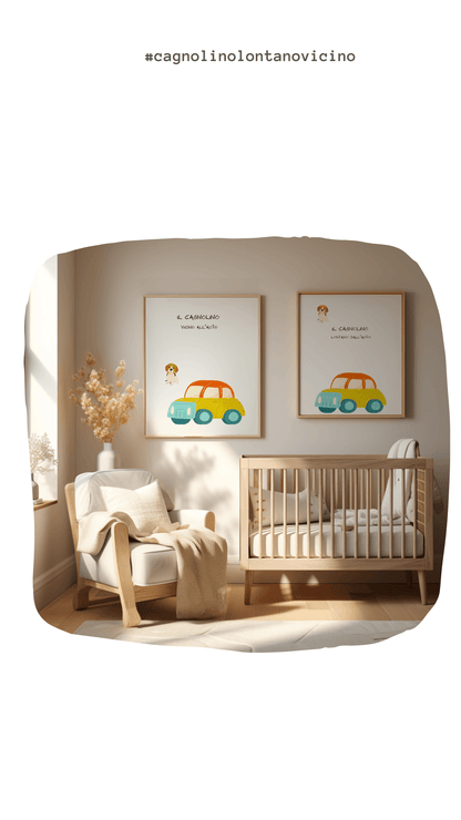 Poster per bambini da stampare con Cagnolino lontano e vicino l'auto - PrintableChild