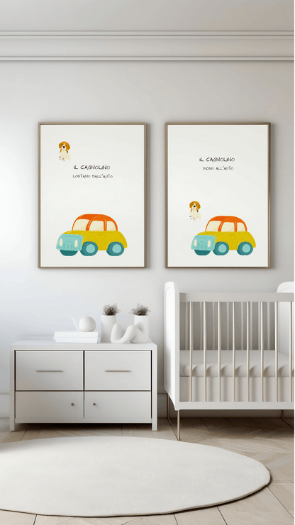 Poster per bambini da stampare con Cagnolino lontano e vicino l'auto - PrintableChild