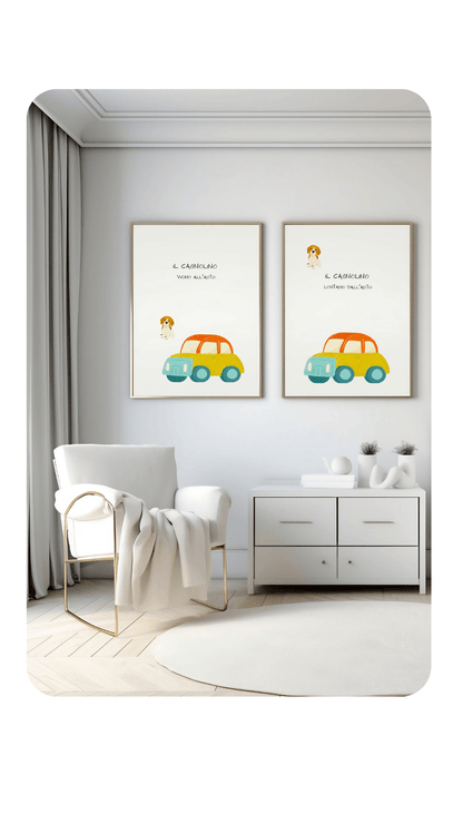 Poster per bambini da stampare con Cagnolino lontano e vicino l'auto - PrintableChild