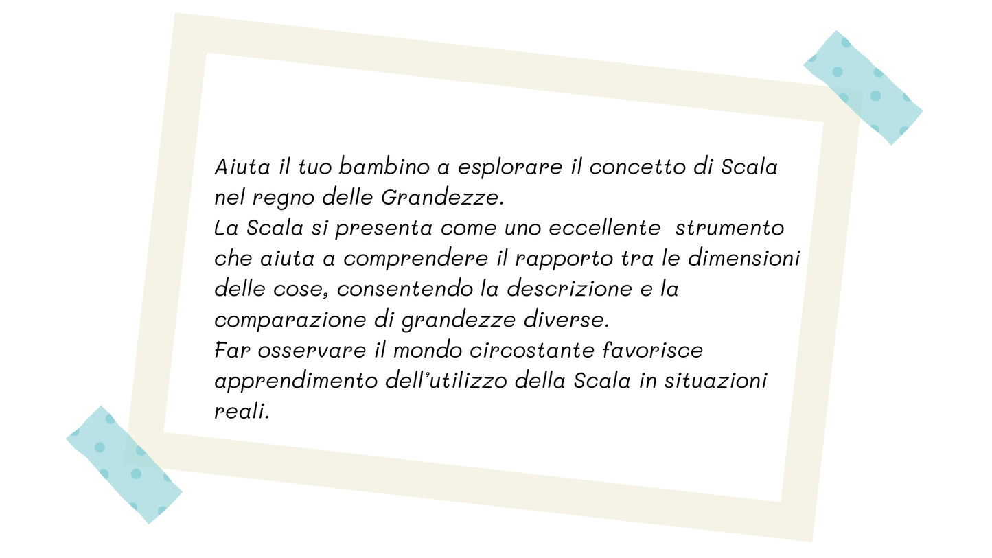 Scheda educativa per bambini sul concetto di scala e grandezze, con suggerimenti per osservare, descrivere e confrontare le dimensioni degli oggetti.
