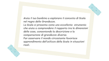 Scheda educativa per bambini sul concetto di scala e grandezze, con suggerimenti per osservare, descrivere e confrontare le dimensioni degli oggetti.
