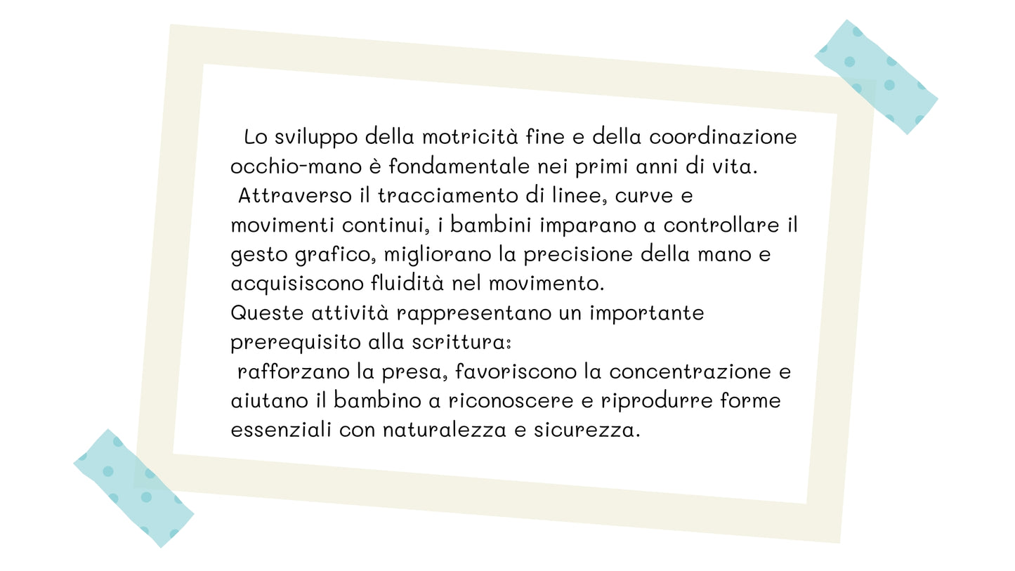 Riquadro decorato con un testo educativo sullo sviluppo della motricità fine e della coordinazione occhio-mano nei bambini, con cornice inclinata e washi tape azzurri agli angoli.