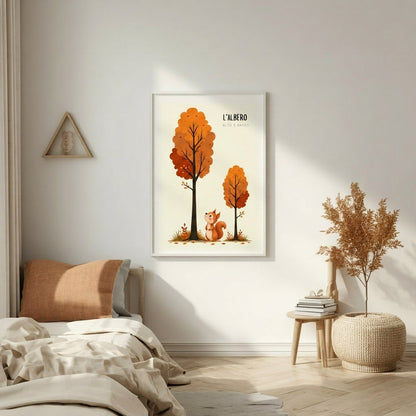 Poster illustrato con alberi autunnali e scoiattolo, appeso in una cameretta per bambini dai toni neutri e naturali. Decorazione autunnale dai colori caldi, ideale per la stanza dei più piccoli.