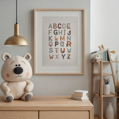 Poster con alfabeto d’inverno illustrato appeso in una cameretta bambini dai toni caldi e naturali