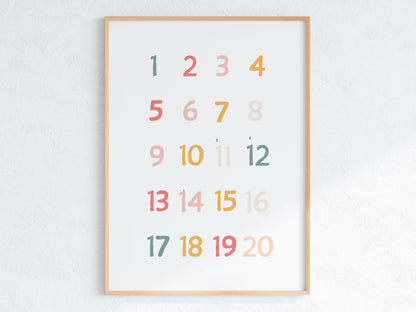 Poster  per bambini da stampare con Numeri Colorati da 1 a 20