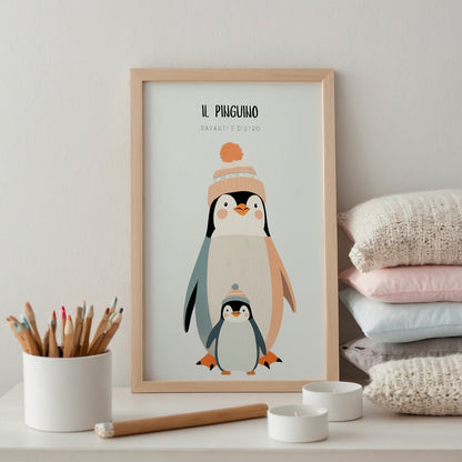 Poster con pinguino e cucciolo in stile invernale, illustrato per cameretta bambini e ambientato su mensola con decorazioni neutre