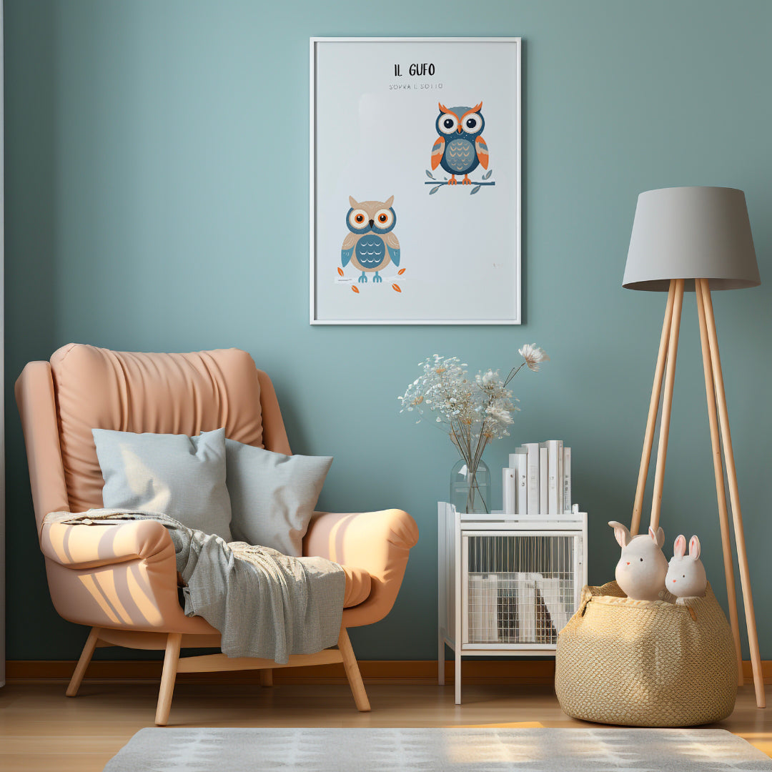 Poster illustrato con due gufi raffigurati sopra e sotto, appeso in una cameretta dallo stile invernale con poltrona, lampada e decorazioni dai colori morbidi