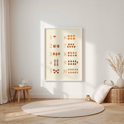 Poster educativo con numeri da 1 a 10 e quantità illustrate con elementi autunnali, appeso in una cameretta per bambini luminosa dai toni chiari e naturali.