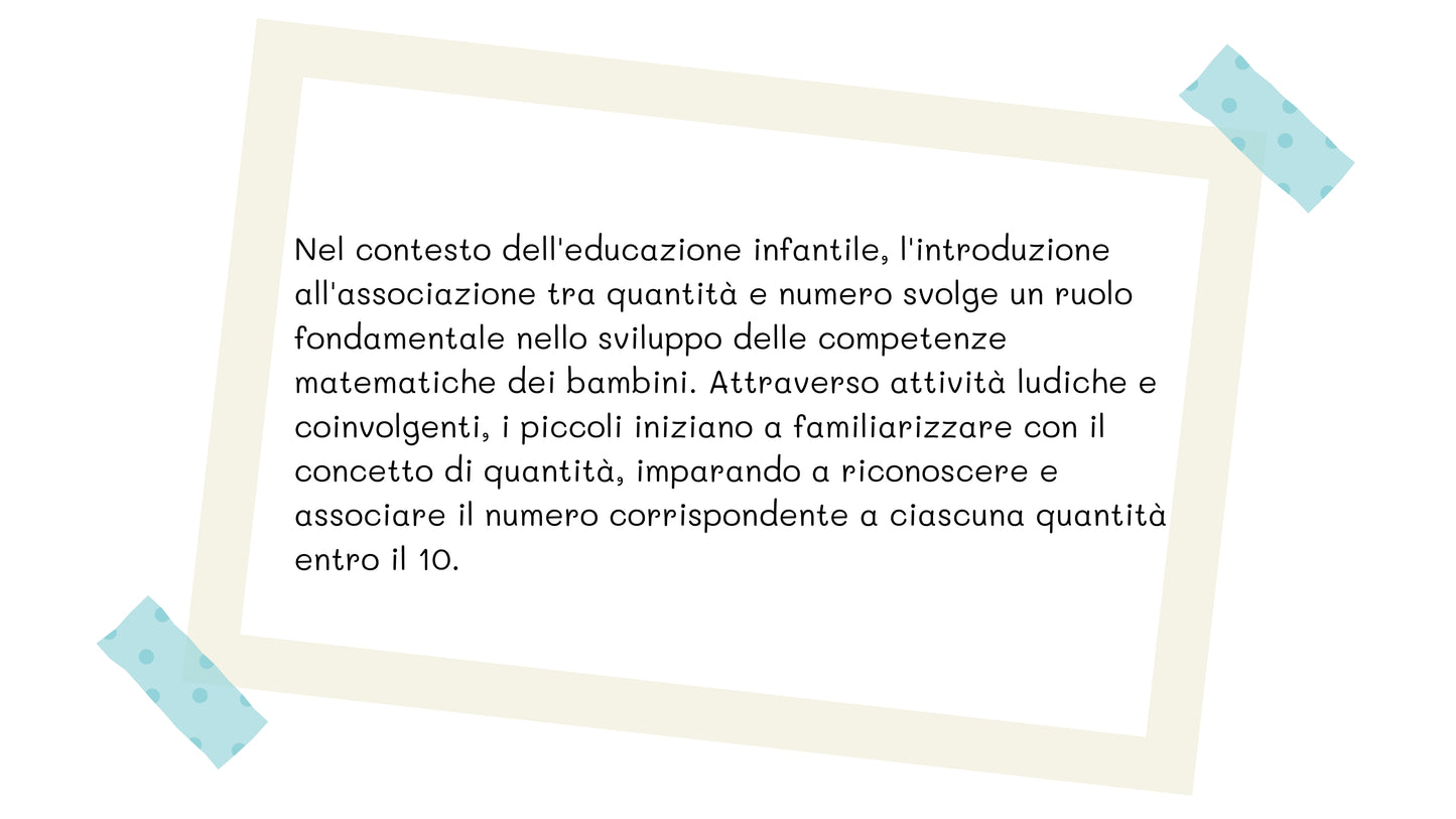 Scheda informativa sul valore educativo dell'associazione tra numeri e quantità nei bambini, con spiegazione della familiarizzazione con il concetto di quantità e i numeri entro il 10.
