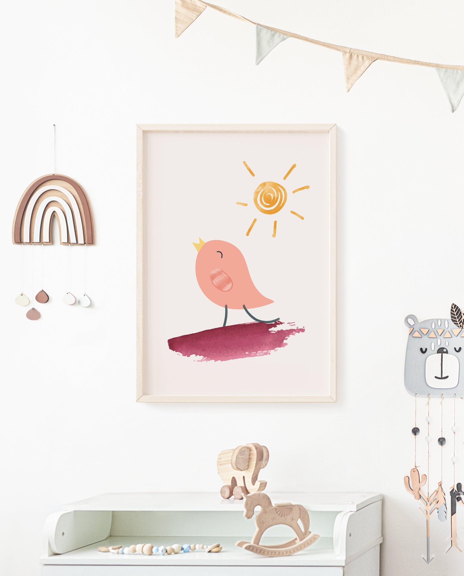 POSTER STAMPABILE PER BAMBINI CON UCCELLINO ROSA E SOLE