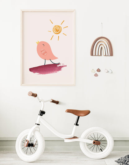 POSTER STAMPABILE PER BAMBINI CON UCCELLINO ROSA E SOLE