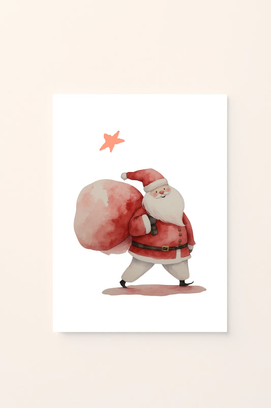 Poster decorativo per bambini con Babbo Natale in acquerello, sacco rosso e piccola stella su sfondo bianco. Dolce e festivo.